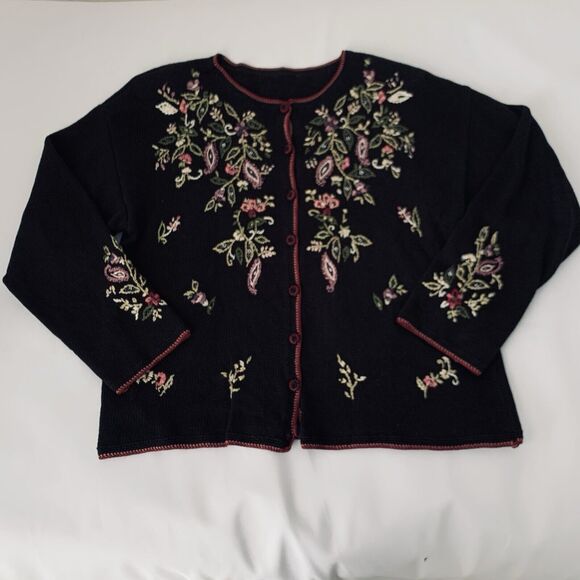 Vintage Cardigan Sweater Women Black Crochet Embroidered Knit Floral Grannycore - Picture 1 of 8